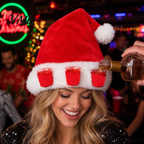 Christmas Drinking Accessories Plush Hat with Drink Holder, Adults Velvet Santa Claus Red White 3 Cups, Xmas Cap for New Year Holiday Party Winter