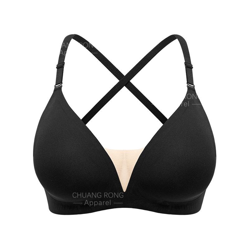 Sexy seamless deep V-neck mesh stitching seamless cross beautiful back breathable backless gathering steel rimless underwear bra