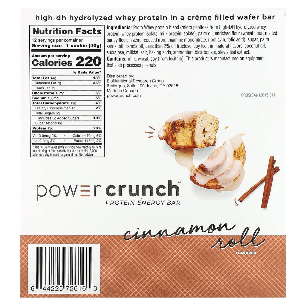 BNRG Power Crunch Protein Energy Bar, Cinnamon Roll, 12 Bars, 40 G (1.4 Oz) Each