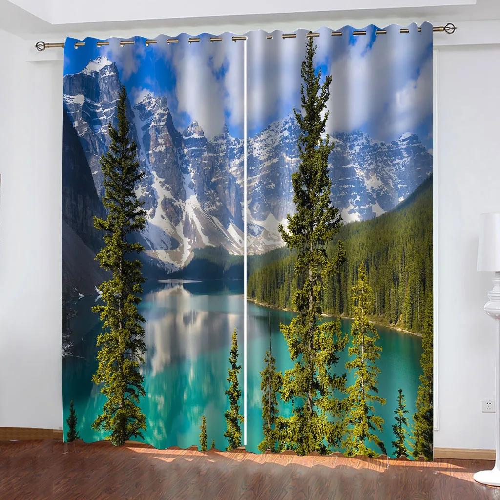 2 шт. шторы с изображением природы, леса, реки, для спальни, балкона, гостиной, занавеска для окна с принтом зеленого леса