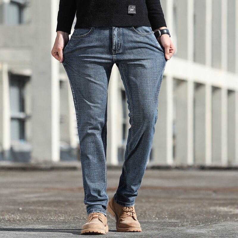 Мужские классические деловые прямые джинсы 2020, осень-зима, новые повседневные эластичные джинсовые брюки, мужские брендовые брюки, черные, синие, серые