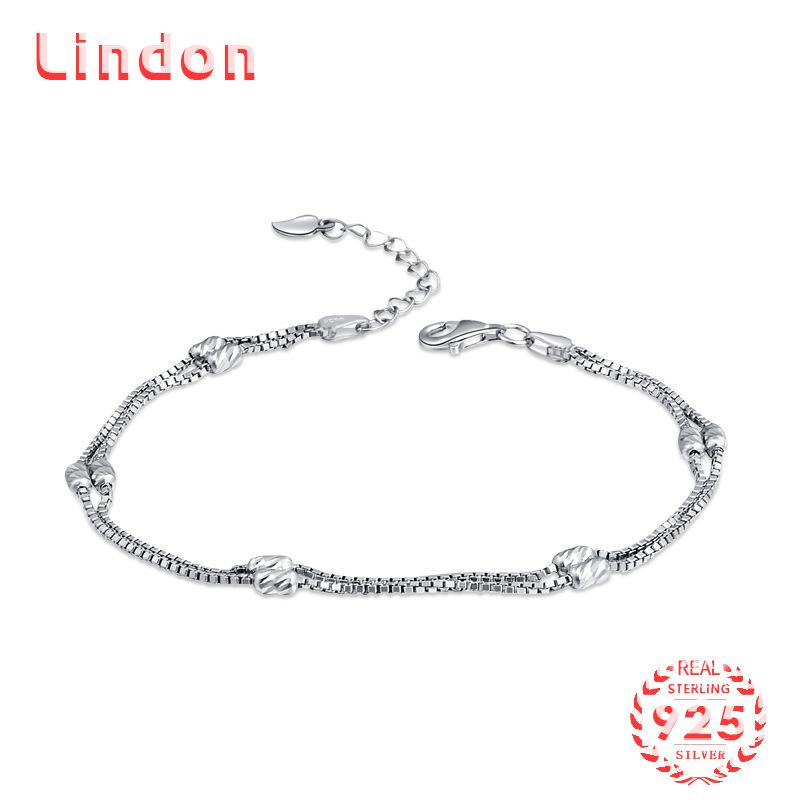 Lindon Women Zircon 925 Sterling Silver Jewelry Geometric Bead Chain Link Bracelet Fashion Fine Wedding Gift for Girlfriend
