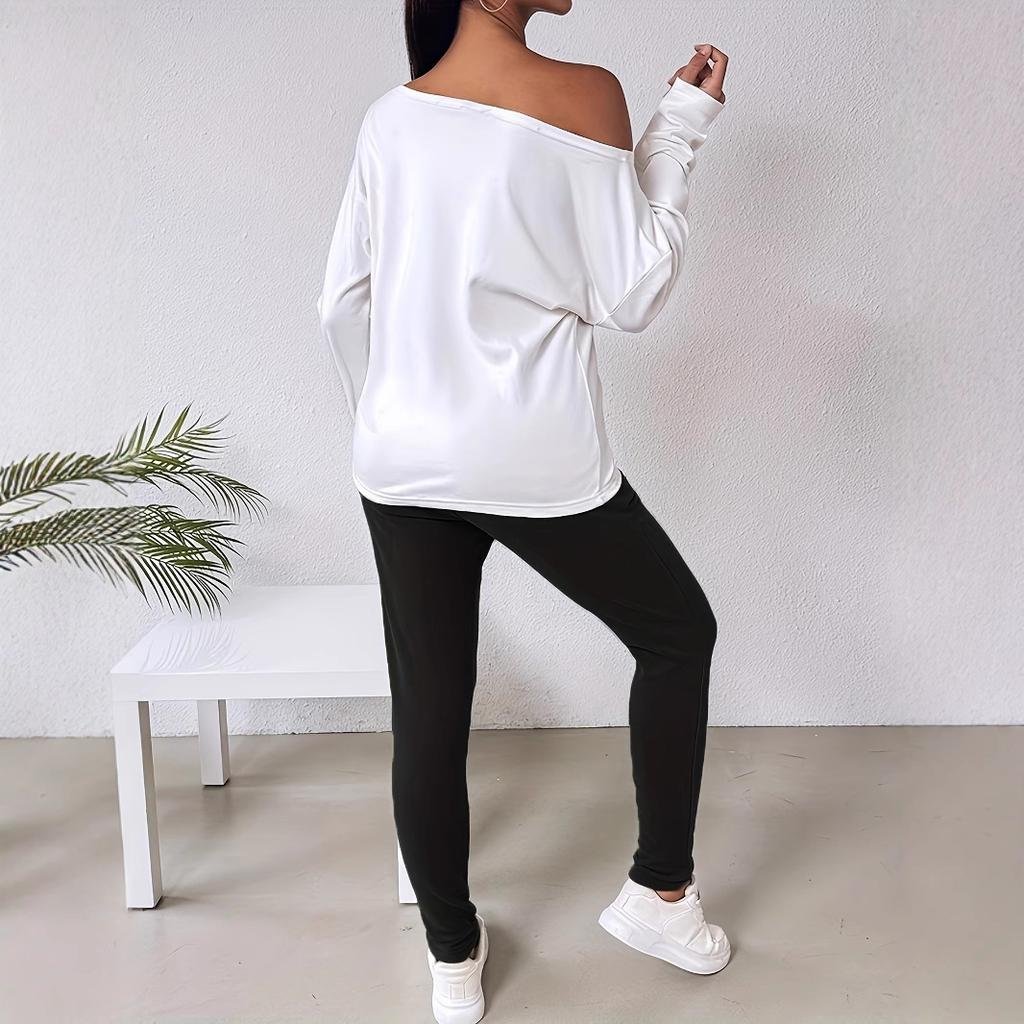 Женские комплекты с декоративной аппликацией в виде бабочки, длинными рукавами, косыми плечами, однотонные брюки на завязках, комплект из двух предметов