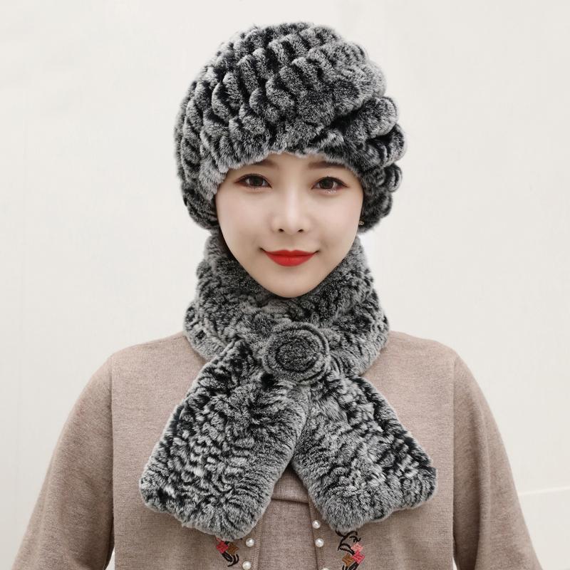 Winter Knitted Natural Fur Hats Scarves Sets Women Warm Real Rex Rabbit Fur Hat Scarf Lady Fashion Thick Rex Rabbit Fur Hat