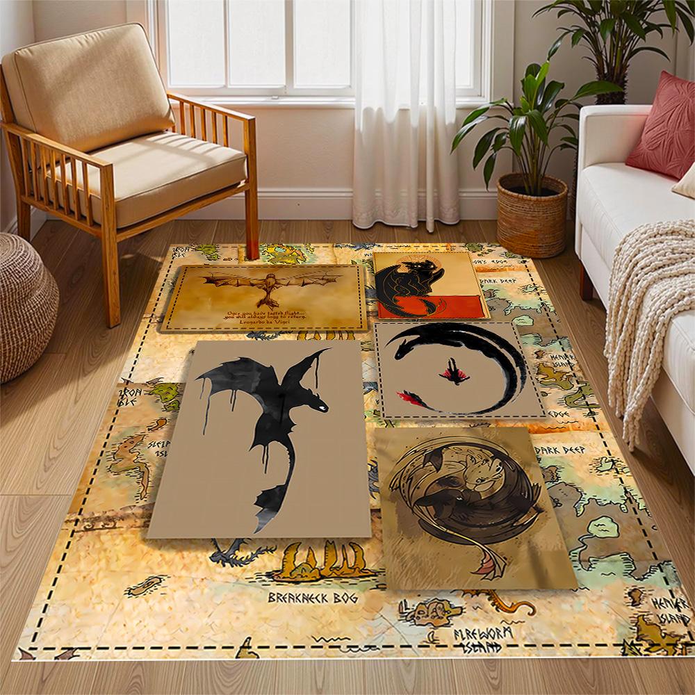 Dragons And Heroes Adventure Themed Anti-Slip Rugs - Polyester Home Decor, Suitable for Bedrooms, Living Rooms, Doorways, Studios, and Decorations