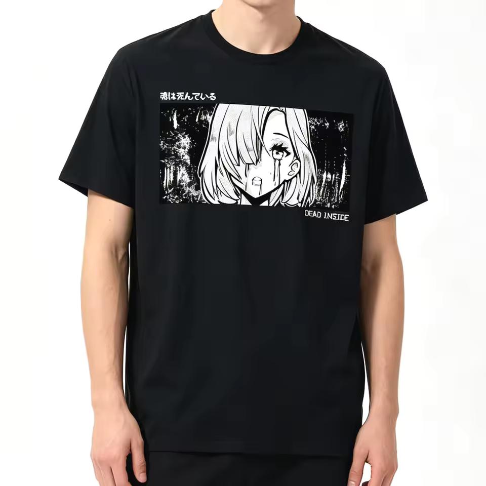 Summer Hot Sale Sad Anime Aesthetic T-shirt Hip Hop Gothic Cotton Round T-shirts Y2K Unisex Casual Harajuku Oversized T-shirts