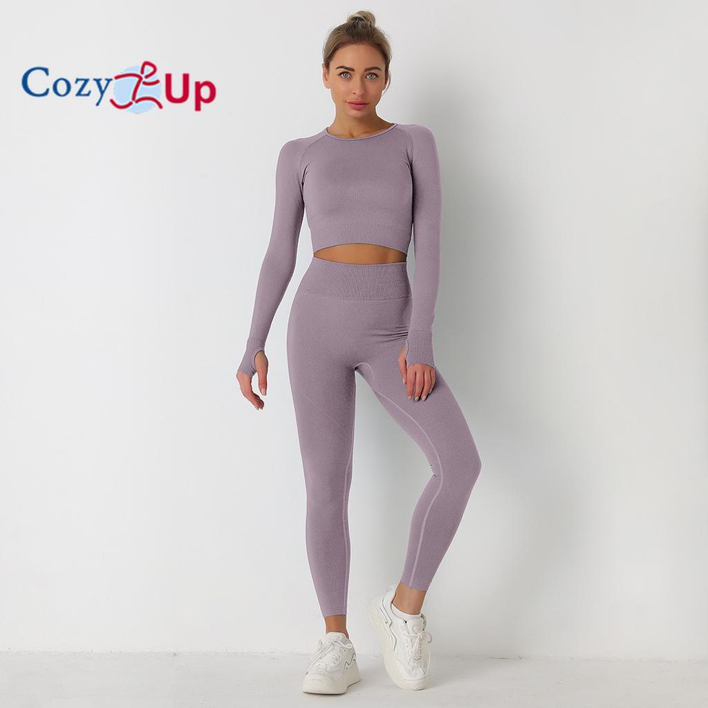 Cozy Up Тренировочные комплекты для женщин из 2 предметов для занятий йогой, бесшовные ребристые леггинсы с топами с длинными рукавами