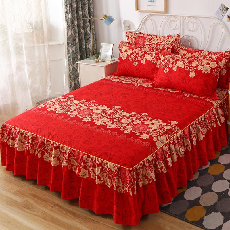 Набор из 3 предметов: Принтованная юбка для кровати 1 юбка для кровати + 2 наволочки, Цветочная кружевная юбка для кровати, Дышащее мягкое покрывало, Постельное белье, Защитный чехол для матраса с защитой от скольжения 360°