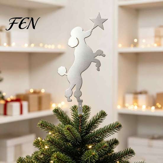 Small Desktop Tree Topper Standing Poodle Christmas Topper, Silver Silhouette Durable Metal Decoration, Secure Dog Themed Decoration Plug-in Rod Easy