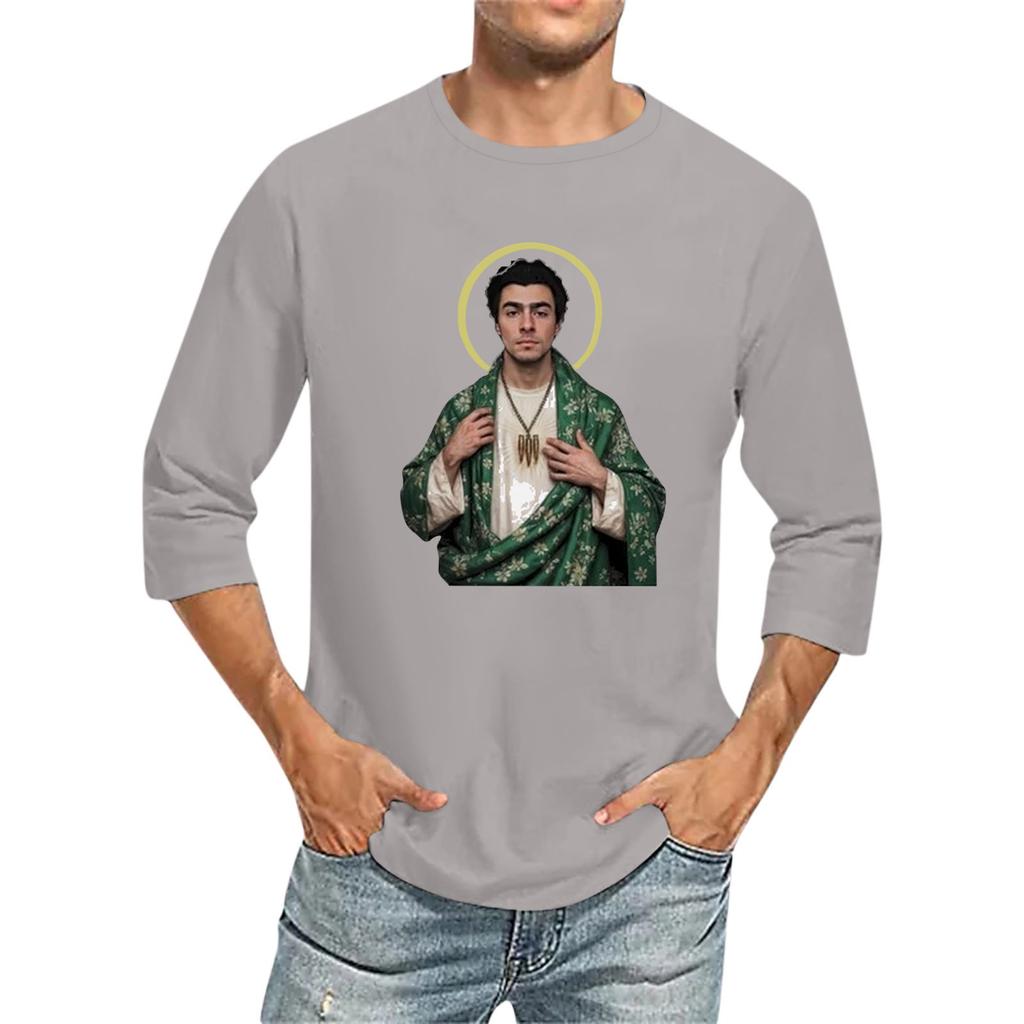 Мужская футболка с круглым вырезом и рукавом семь четвертей, мужская повседневная свободная футболка с рукавом семь четвертей