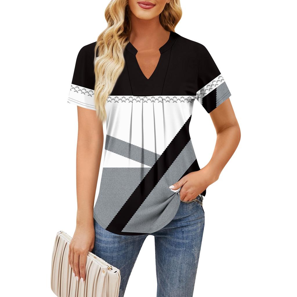 Women's Short Sleeve Casual V-neck Chest Pleated Printed Loose T-shirt Top