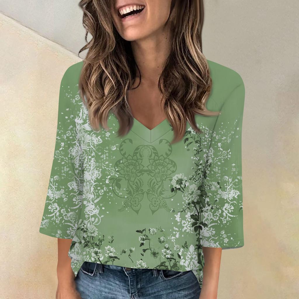 Женская мода и отдых Классический ретро-принт с рукавами 3/4 и v-образным вырезом реглан