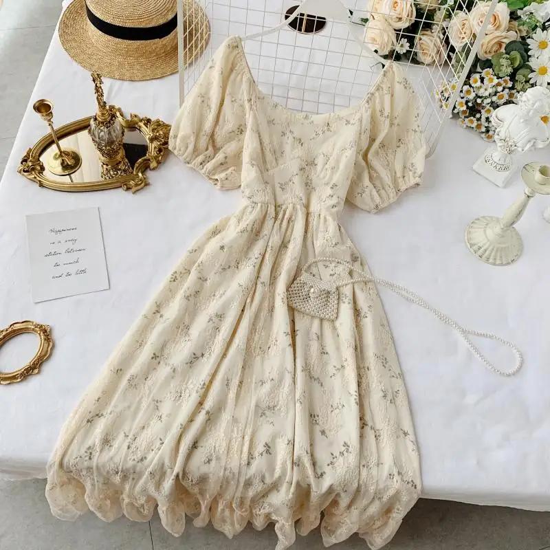 Summer Fairy Dress Women French Style Vintage Retro Chiffon Dress Puff Sleeve Casual Elegant Floral Print Dress Women 2024 New