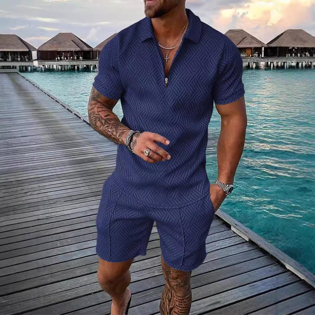 Мужской повседневный костюм с тропическим принтом - черная рубашка с коротким рукавом на молнии и белые шорты с карманами, полиэстер, машинная стирка