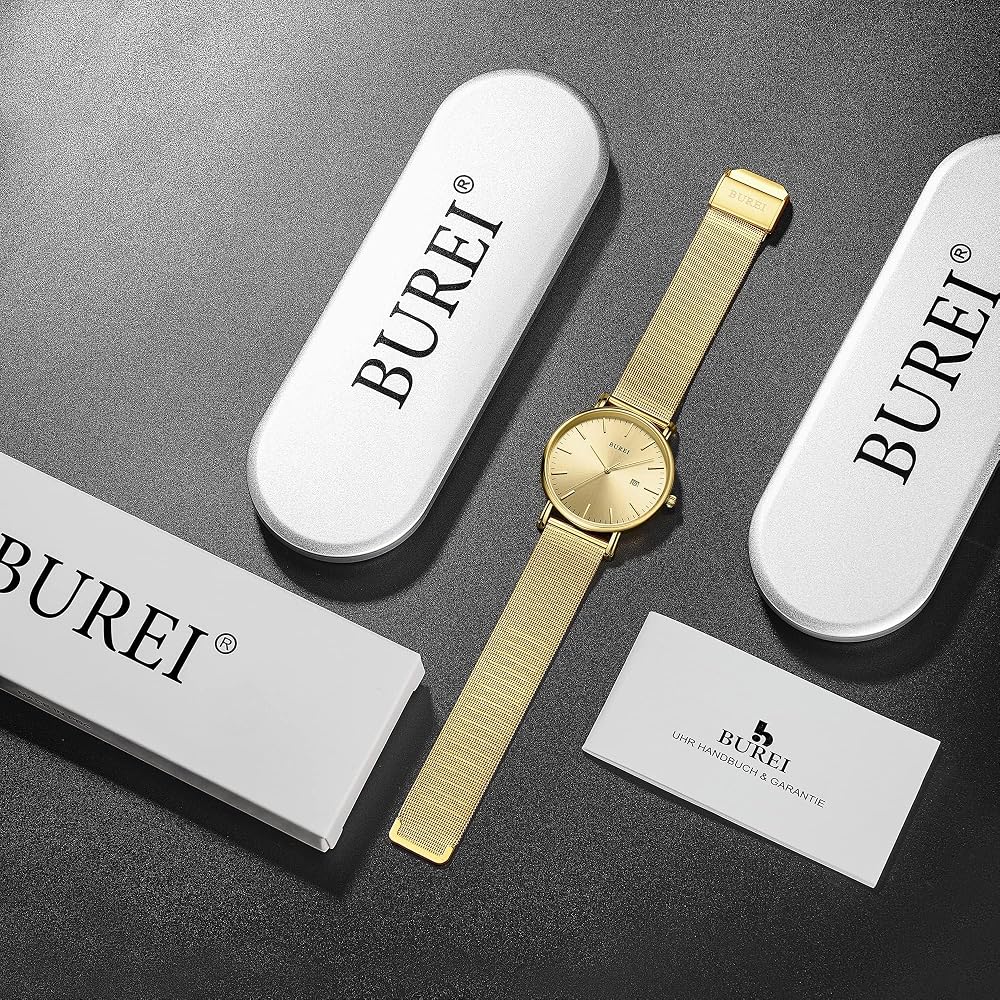 BUREI Men's Analog Watch Waterproof Simple Milanese Mesh Band Gold