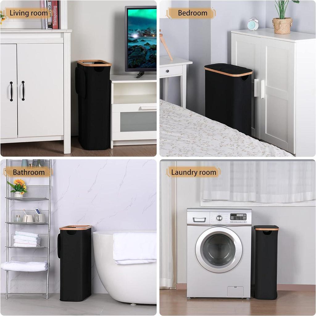 Foldable Bamboo Laundry Basket with Lid and Inner Bag for Bathroom/Bedroom