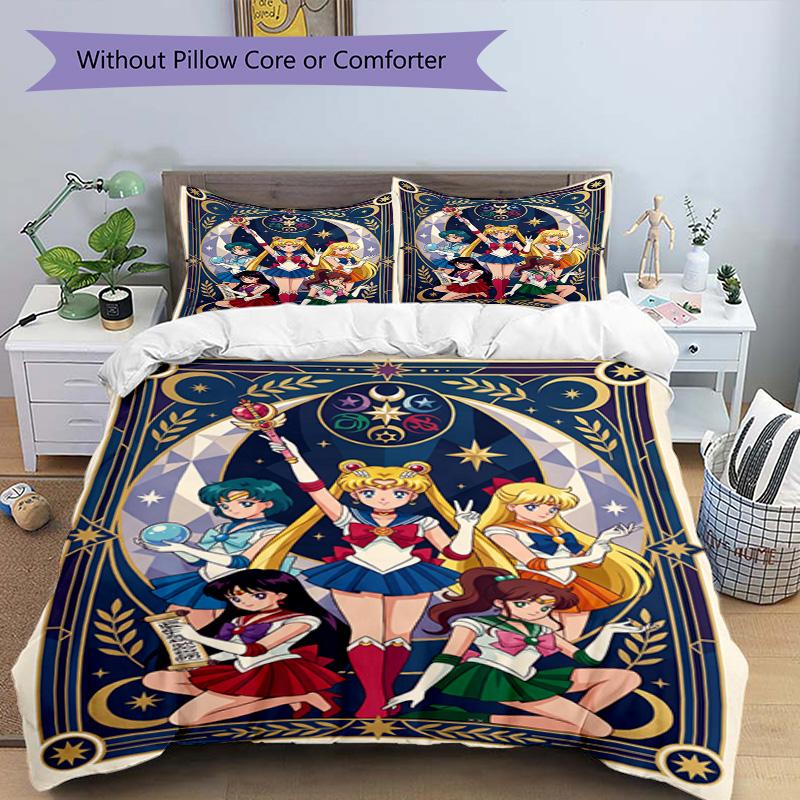 3pcs Duvet Cover Set (1*Duvet Cover + 2*Pillowcase, Without Core), Sailor Moon Print Bedding Set, Bedroom Decor, All‑Season, Birthday Gift