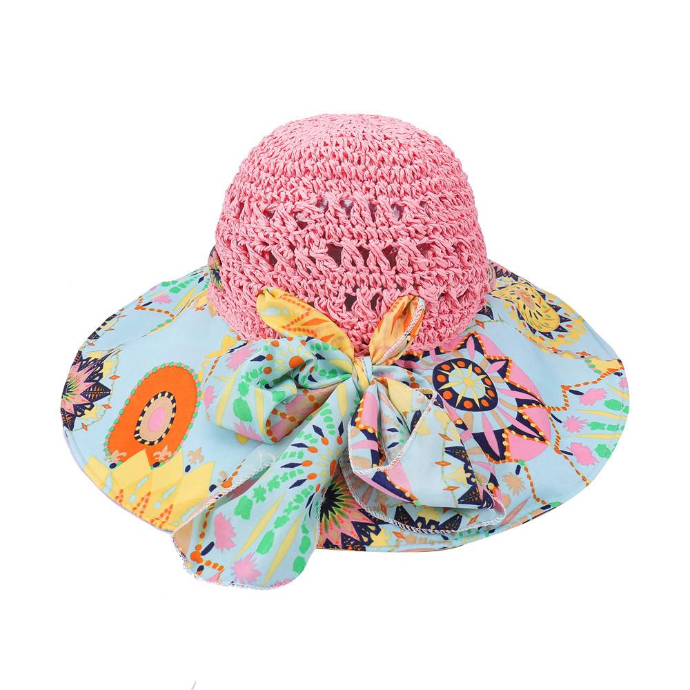 Fashion Sun Hat For Women Holiday Beach Straw Hat Female Hollow Printed Bow Summer Big Brim Hat Fold Uv Protection Floppy Hat