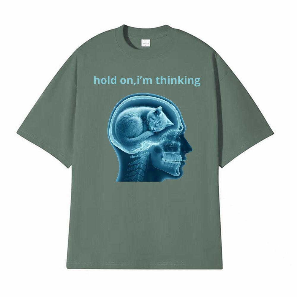 Hold on Im Thinking Silly Cat Meme TShirt Mens Clothing Vintage Fashion Tshirts Short Sleeve Cotton Casual T Shirt Streetwear