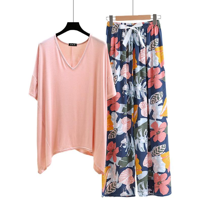 Необычная футболка и широкие брюки с цветочным принтом летние женские повседневные пижамные комплекты Костюм для дома с коротким рукавом Свободный легкий костюм для отдыха Большие размеры