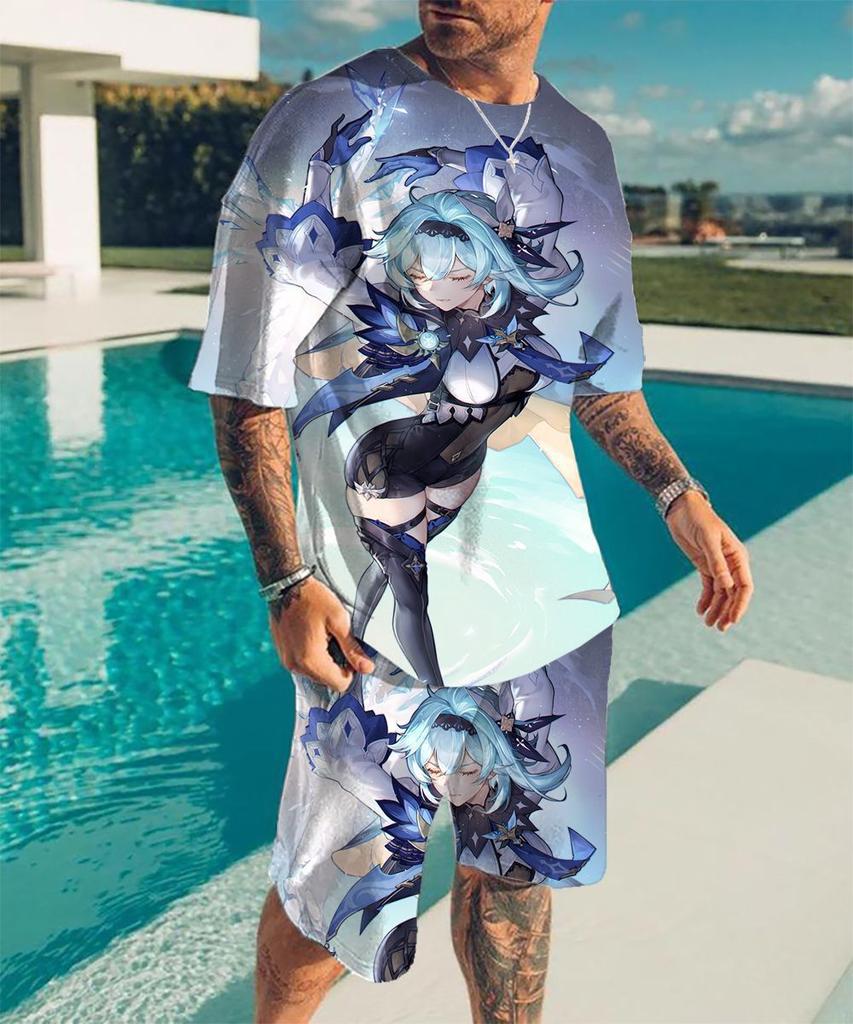 European and American cross-border new animation 3D digital original god printing men's T-shirt shorts set wholesale, short-sleeved set