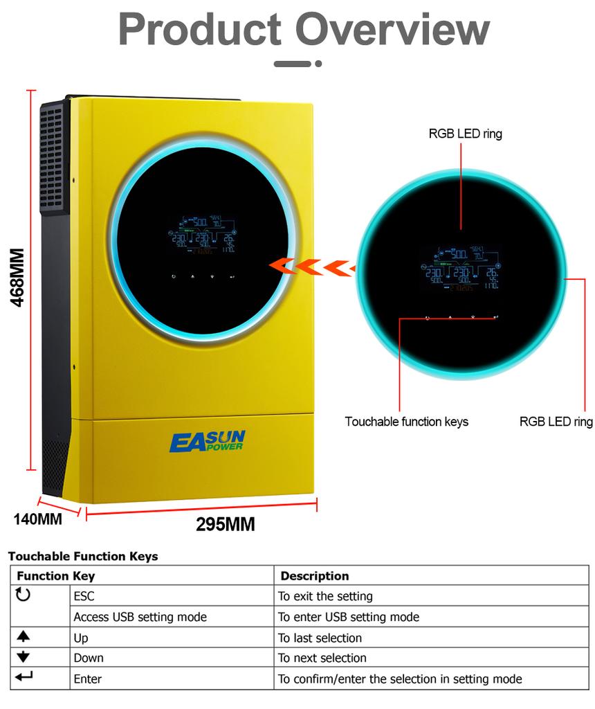 Гибридный солнечный инвертор EASUN 5,6 кВт, 48 В, 220 В, 120 А, MPPT, контроллер солнечного заряда, фотоэлектрический вход, 450 В, инвертор с параллельной сеткой и Wi-Fi