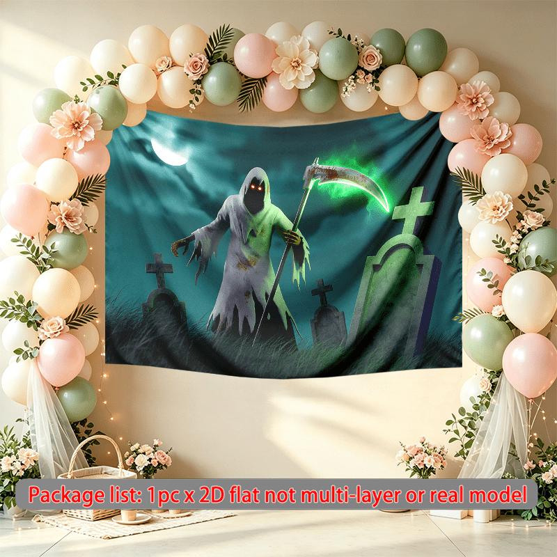 Home Wall Hanging Graveyard Happy Halloween Party Banner, Multicolor Polyester Backdrop for Celebration & Photos