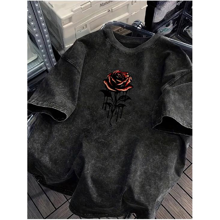 Тяжелый хлопок 230 г/м², 100% стираный мужской T-shirt, Свободный крой с винтажным принтом, Большой размер