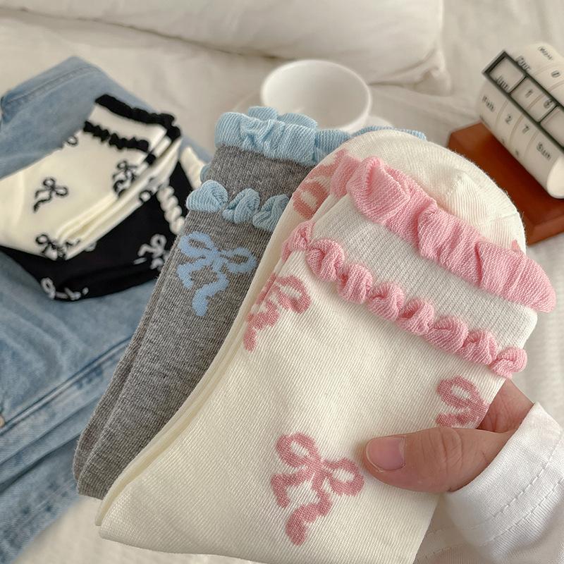Женские носки, Модные носки с кружевом и бантом для весны и лета, Дышащие и влагоотводящие трендовые носки средней длины