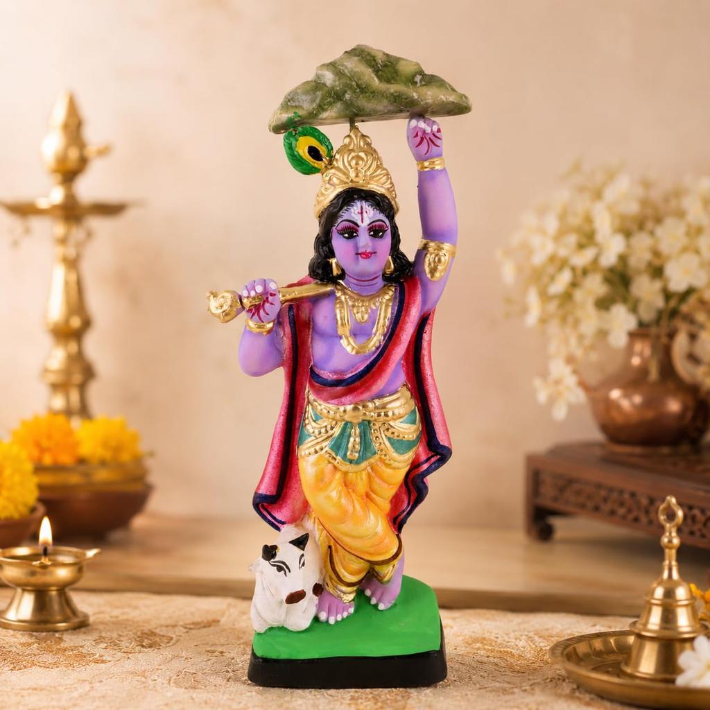 Krishna Lifting Govardhan Parbat Idol | Spiritual & Cultural Clay Art | Handmade Terracotta Sculpture