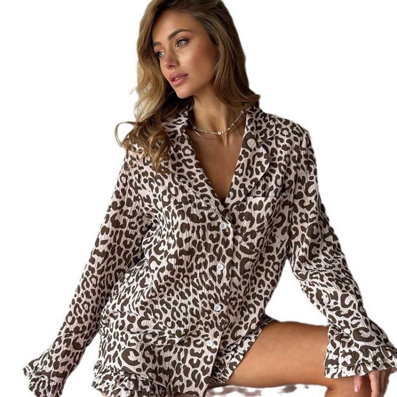 Women's New Spring and Summer Printed Loose Long-sleeved Tops, Shorts, Pajamas Suits, Pure Cotton Casual Home Clothes