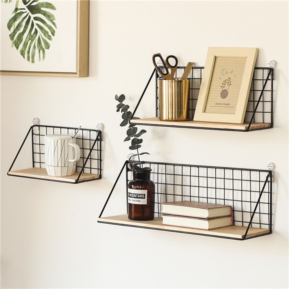 Punch-Free Wall Mounted Storage Rack Grid Shower Hanging Basket Wooden Iron Wall Shelf Home