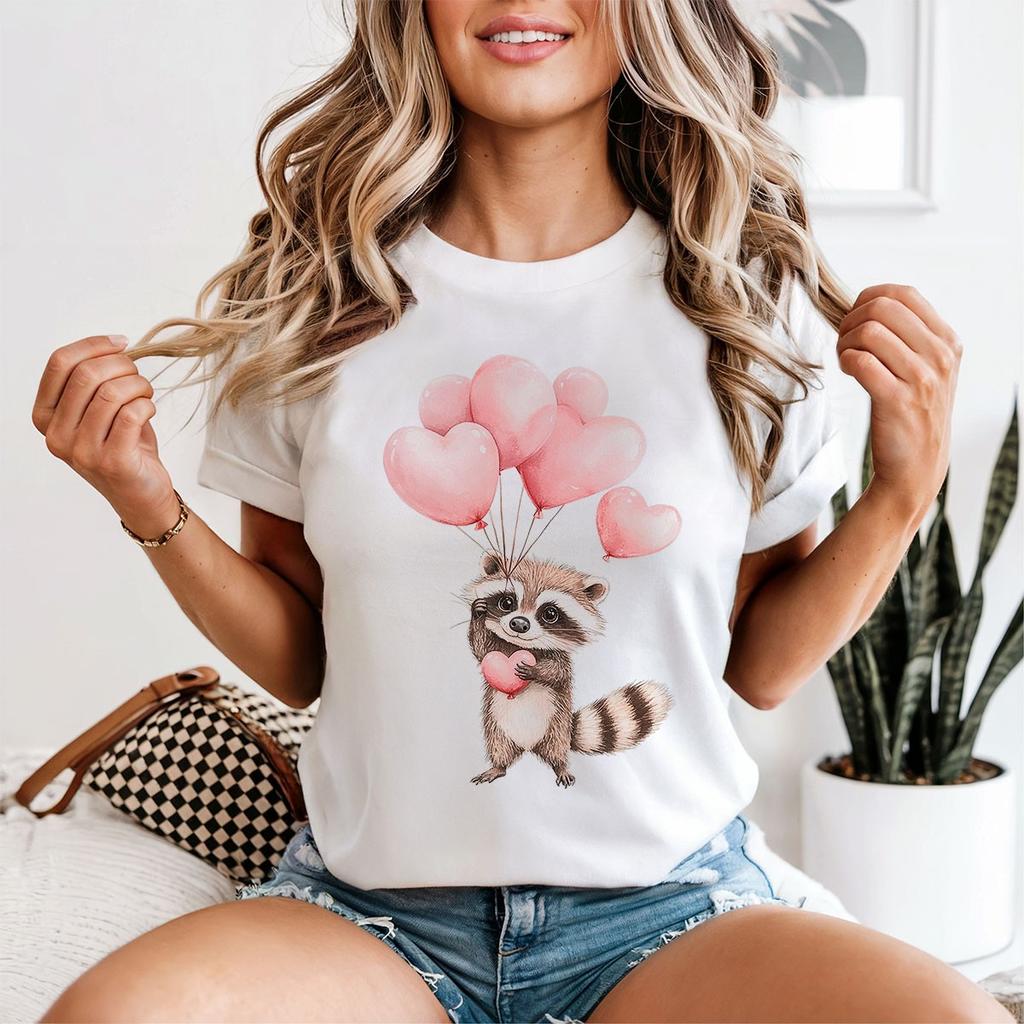 Raccoon Balloons Animals Womens 100% Cotton T-shirt Mens Tees Top Charming Celebration Tee