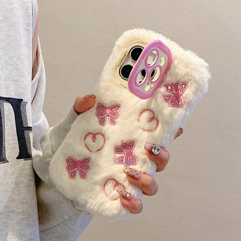 Милый мультяшный плюшевый чехол для телефона iPhone 16 Pro 15 Plus 14 13 12 Pro Max 11 складной держатель объектива мягкий защитный чехол