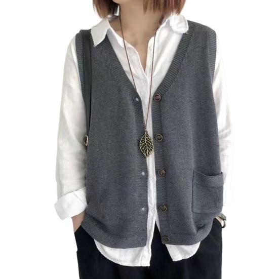 Женский вязаный жилет с V-образным вырезом без рукавов однобортный теплый жилет однотонный свободный крой