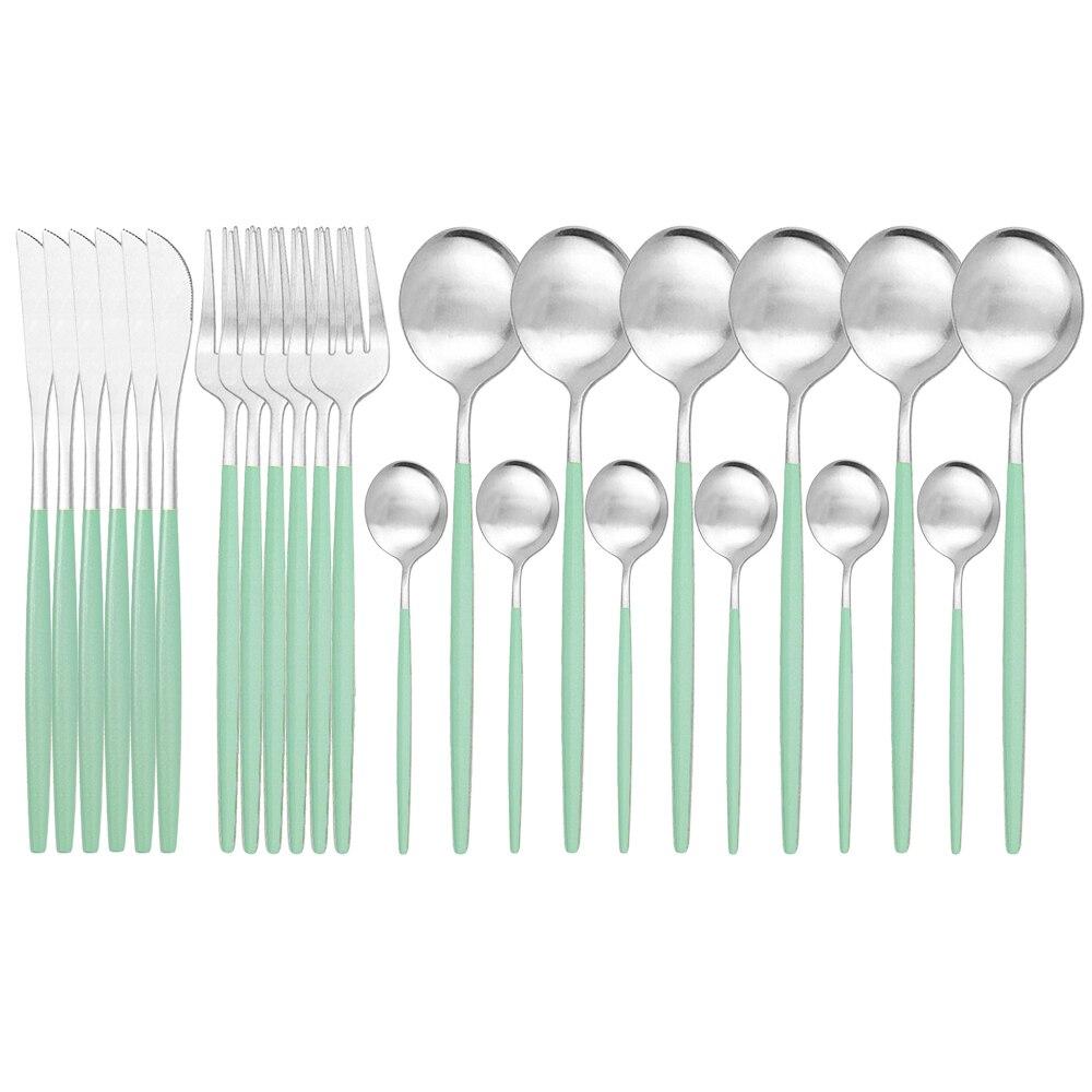 Матовый летний мятно-зеленый золотой весенний набор столовых приборов для пикника, набор столовой посуды из нержавеющей стали, 24 шт., нож, вилка, ложка, набор посуды, кухонный ужин