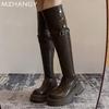 Женские кожаные высокие сапоги на платформе, туфли на плоской подошве, высокие сапоги до колена, женская мода 2025 года, зимнее платье, готика, ретро, зимние сапоги Mujer Botas
