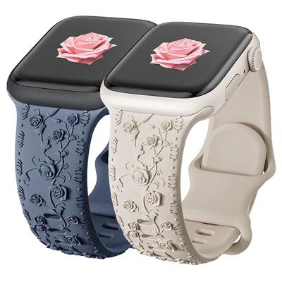 Ремешок для часов с цветочной гравировкой для Apple Watch, ремешок 40 мм, 44 мм, 41 мм, 49 мм, 45 мм, 38 мм, 42 мм, силиконовый браслет iwatch series 9 7 se 6 8 ultra 2
