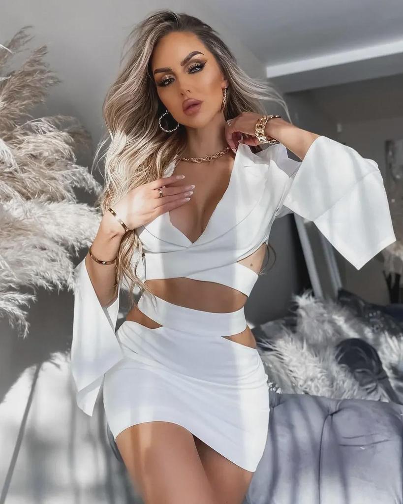 Chic European & American Women's White Long-Sleeve Dress Suit