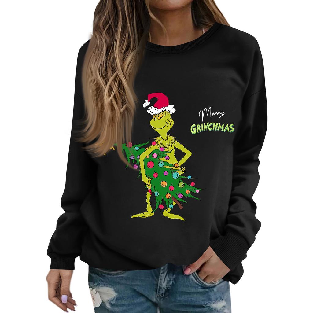 Women's Fashion Casual Long Sleeve Solid Color Christmas Printed Round Neck Top Sweatshirt