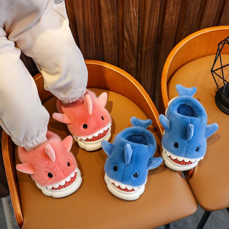 Children's Cotton Slippers Autumn and Winter Waterproof Home Indoor Non-slip Boy Cute Shark Pattern Baby Child Cotton Mop