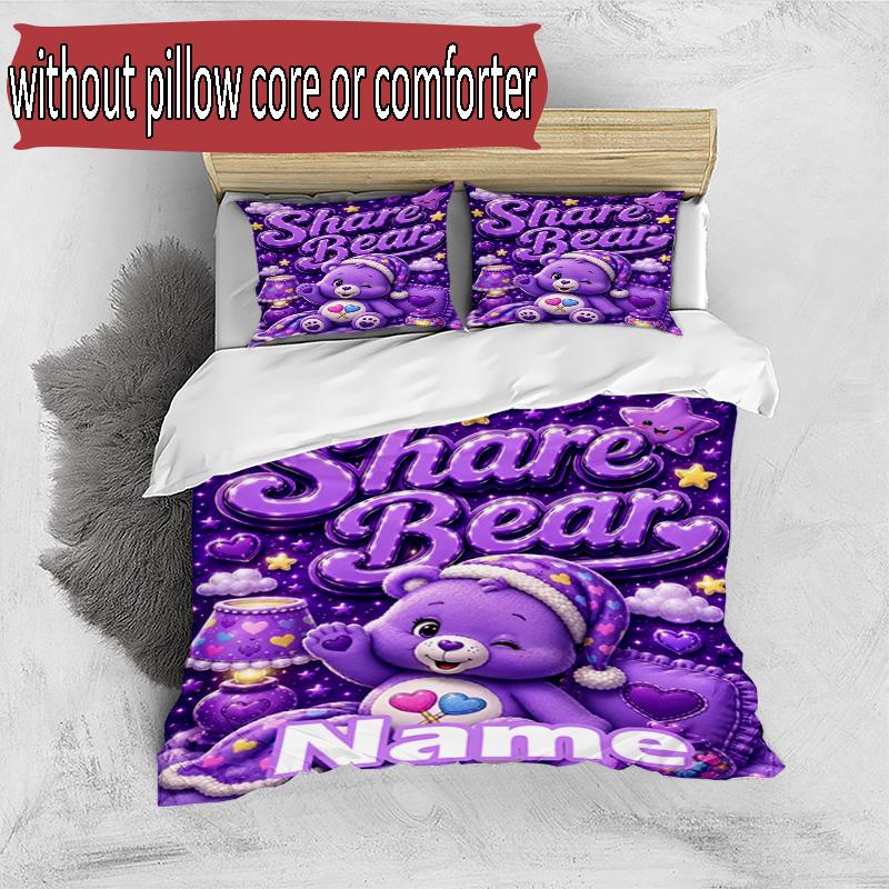 3pcs Duvet Cover Set (1*Duvet Cover + 2*Pillowcase, Without Core), Custom Name Care Bears Pattern Bedding Set, Home Bedroom Decor Gift