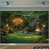 2D stone wall flowing courtyard background cloth stone wall vines warm light lantern fountain and small waterfall on the right
