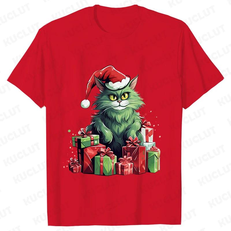 New Year Short Sleeve Tshirt Cute Cat Print Tops Fashion Xmas Unisex Tees Shirt Trend Graphic Christmas Male Oversized Clothing