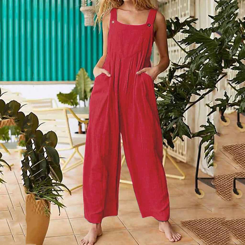 Women's Fashion Solid Color Insert Pockets Retro Button Strap Jumpsuit