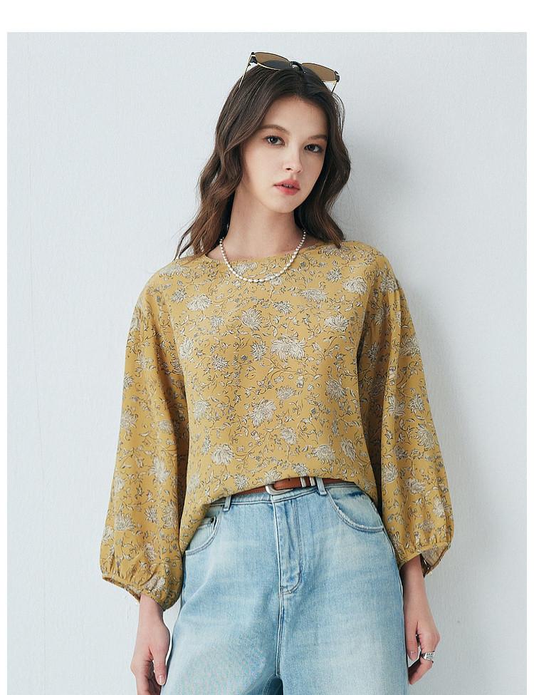 100% Mulberry Silk] Spring Round Neck Aging Fashion Printed Versatile Fashion Silk Shirt for Women