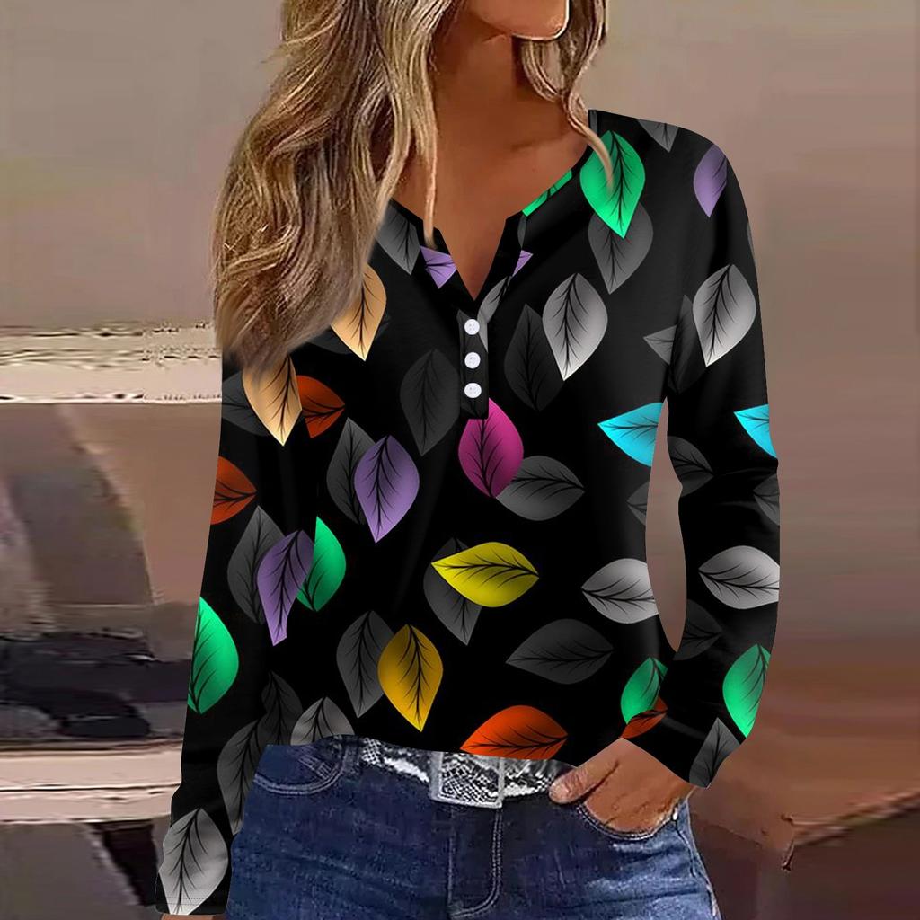 Жен. Футболка Футболка на пуговицах с длинным рукавом Повседневные Выходные Мода Классический Топ с v-образным вырезом Обычный