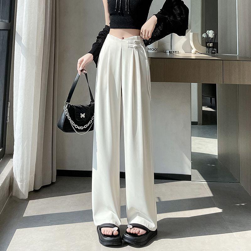 Новый китайский стиль 2025 Весна/Лето Женские брюки с высокой талией больших размеров с широкими штанинами и застежками-лягушками