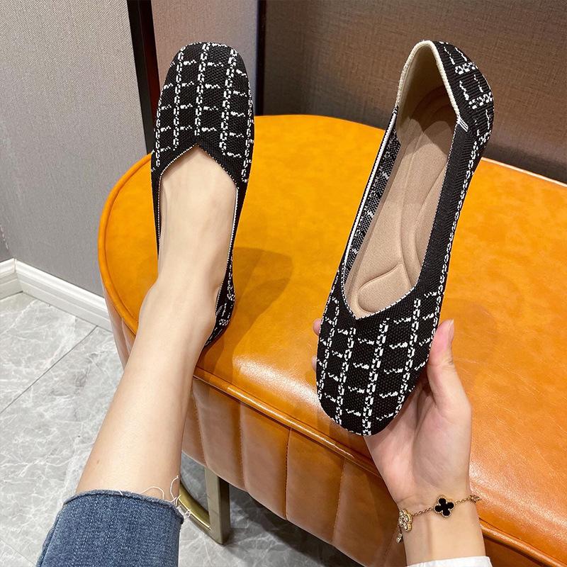Square Head Single Shoes Women'S Shallow Mouth Flat Bottom European And American Style Shoes Knitted Shoes Soft Sole Knitted Shoes Women