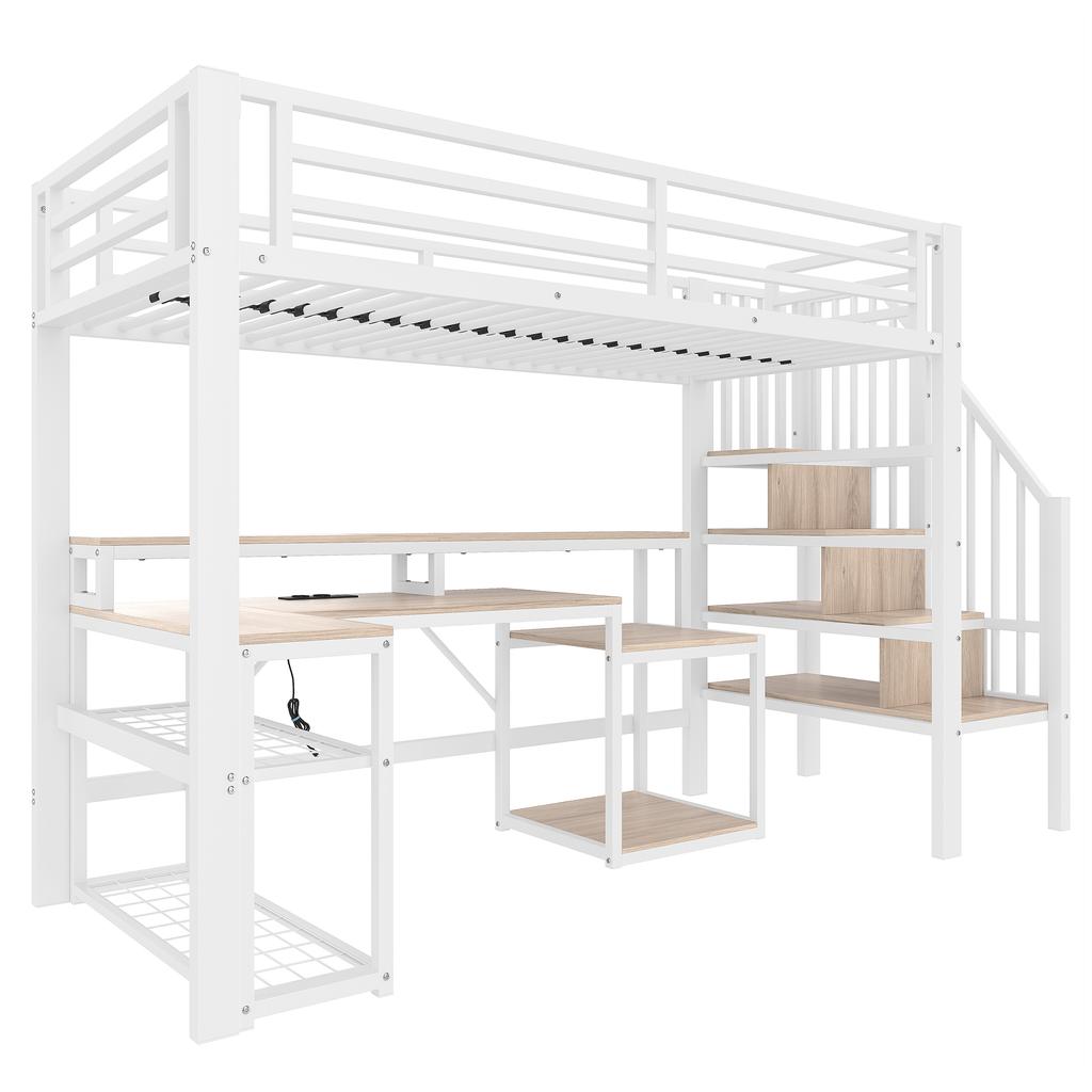 Loft bed, 90 x 200 cm, iron frame, storage, staircase with storage, safety railing, LED light strip, desk, USB port, without mattress, white